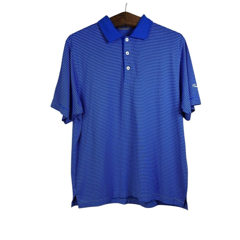 Marbas Polo Shirt Mens Short Sleeve Striped Blue Golf Embroidered Size L